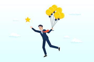 Businessman flying with light bulb idea to catch star in the sky, creativity, innovation to help reach business goal, light bulb idea to success, leadership to get solution to achieve goal (Vector)