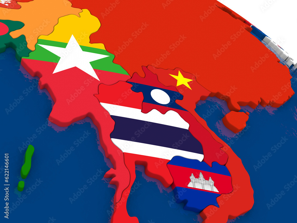 Poster map of myanmar with embedded flags on 3d political map. accurate official colors of flags. 3d illust