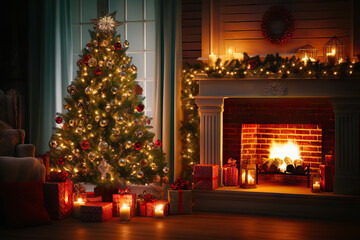 Enchanting Yuletide Interior Christmas with Magic Glowing Tree, Fireplace, and Gifts in the Dark, created with Generative AI