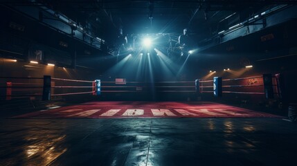 Epic empty boxing ring in the spotlight on the fight night AI