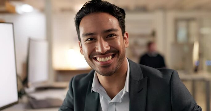Happy, businessman and working on computer, desk and office for digital marketing, communication or consultant in crm. Portrait, employee with pride or success in consulting startup or business