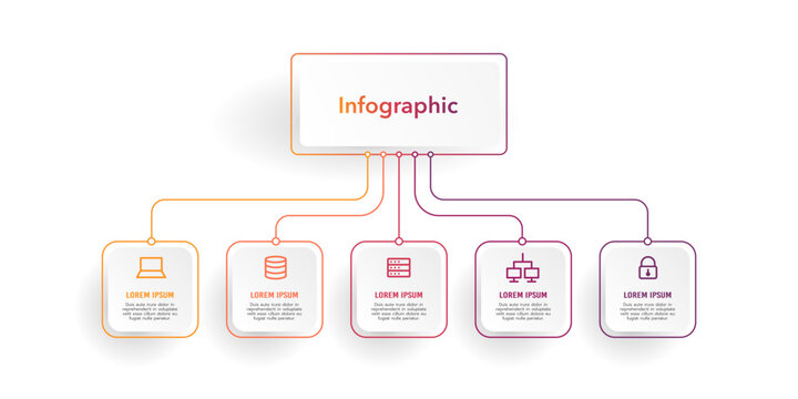 Infographic diagram 5 options for business presentation. Mind Map, Process, Template, Flowchart, Diagram, Teamwork. Vector illustration.