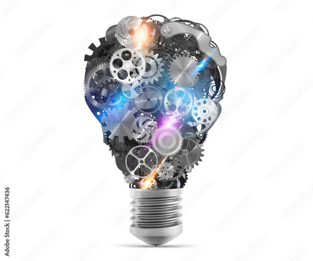 Poster big bulb light with mechanisms and gears. 3d rendering