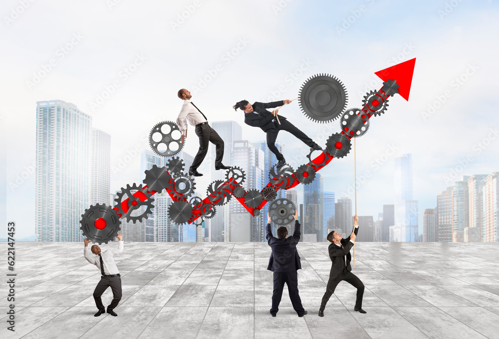 Poster teamwork build an arrow upwards with gears mechanism