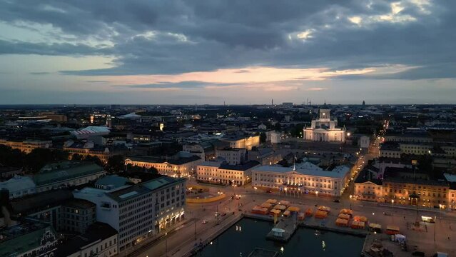 Dawn on Helsinki Cathedral and iconic buildings by Market Square