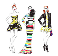 Fashion Sketch of Three Beautiful Women. Hand Drawn Modern Stylish Girl Concept in Yellow and Black Colors.