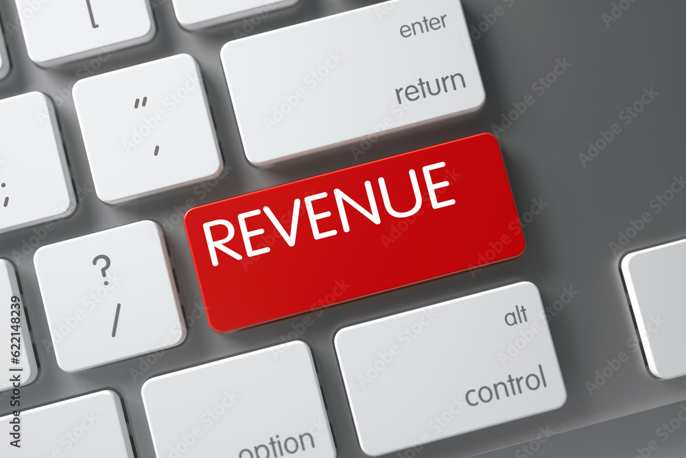 Poster revenue concept computer keyboard with revenue on red enter button background, selected focus. 3d il