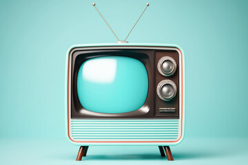 Vintage TV with large domed screen on a bright blue background. Nostalgia, retro items from the 70s and 80s