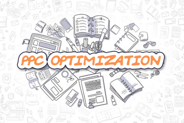 Cartoon Illustration of PPC Optimization, Surrounded by Stationery. Business Concept for Web Banners, Printed Materials.