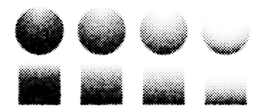 Halftone circle and square shapes set. Dotted textured spheres and cubes collection. Round fading gradient in comic and pop art style. Black design elements bundle. Pixelated background pack. Vector