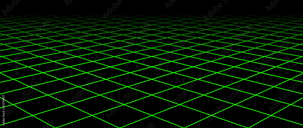 Poster neon green diagonal wireframe grid. fading checkered tile floor landscape. horizontal chessboard pla