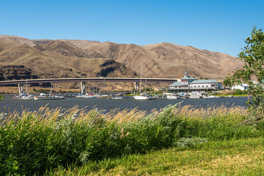 Bridge and the campground on the riverbank. Location is Snake River in Clarkston, Washington