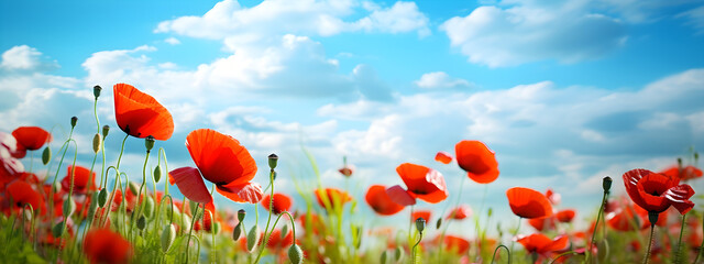 Obraz premium Flower meadow field background banner panorama - Beautiful flowers of poppies poppy Papaver rhoeas in nature, close-up. Natural spring summer landscape with red poppies and blue sky