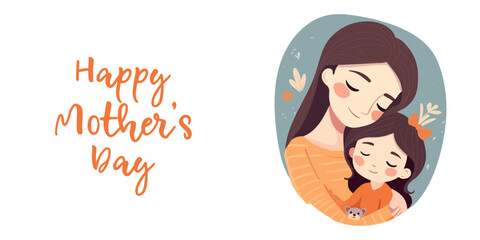 Mother's Day greeting card. A flat hand-drawn vector illustration of a Mother hugging her daughter in her arms on a floral background.