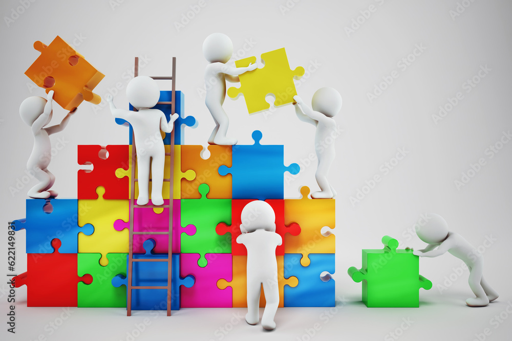 Aufkleber white people build a company with puzzle. concept of parthership and teamwork. 3d rendering