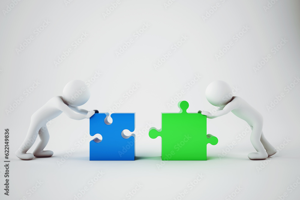 Aufkleber white businesspeople build a company with puzzle. concept of parthership and teamwork. 3d rendering.