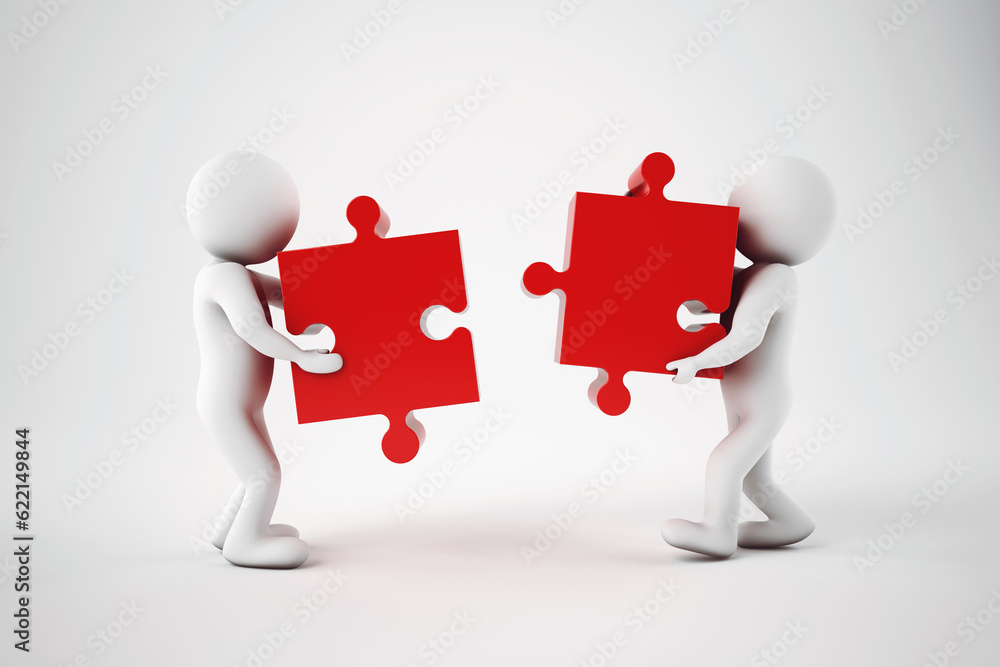 Aufkleber white businesspeople build a company with puzzle. concept of parthership and teamwork. 3d rendering.