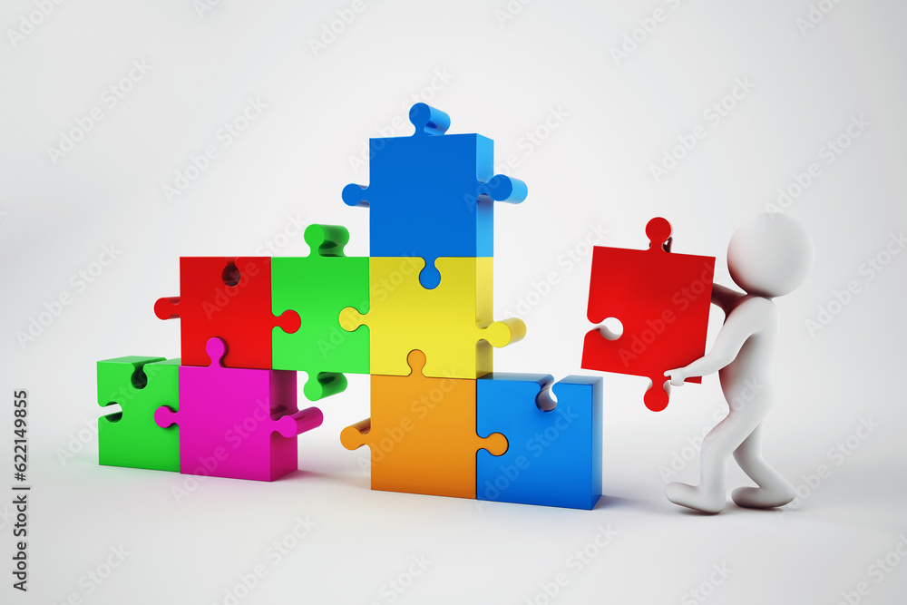 Aufkleber white man build a company with puzzle. concept of parthership and teamwork. 3d rendering.