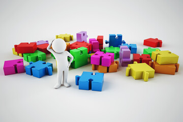 Obraz premium Confused white cartoon man try to build a company. 3D rendering