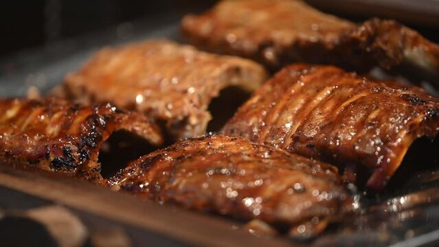Grilled and barbecue ribs pork in the market or street market. Street food.