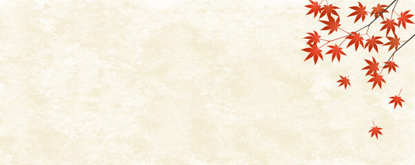 ベージュの和紙の背景に赤い紅葉の枝と葉のイラスト