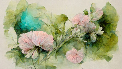 floral pastel green combine with pastel pink ink styl