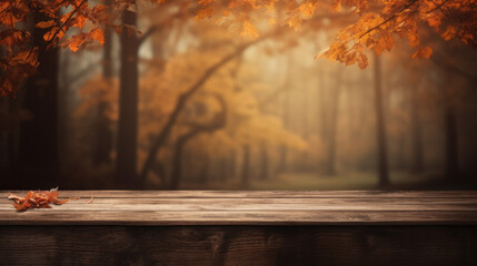 Empty wooden table with autumn background