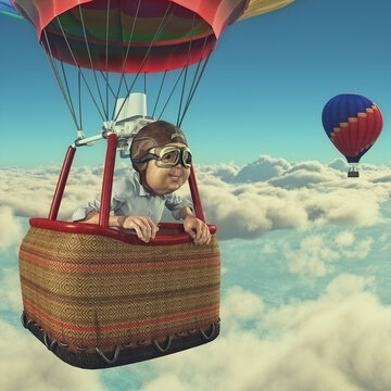 Man flies overclouds with hot air balloon.  This is a 3d render illustration