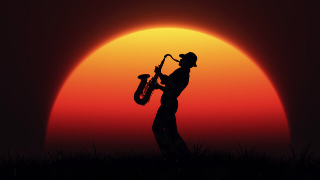 Man playing on saxophone against the background of sunset. This is a 3d render illustration