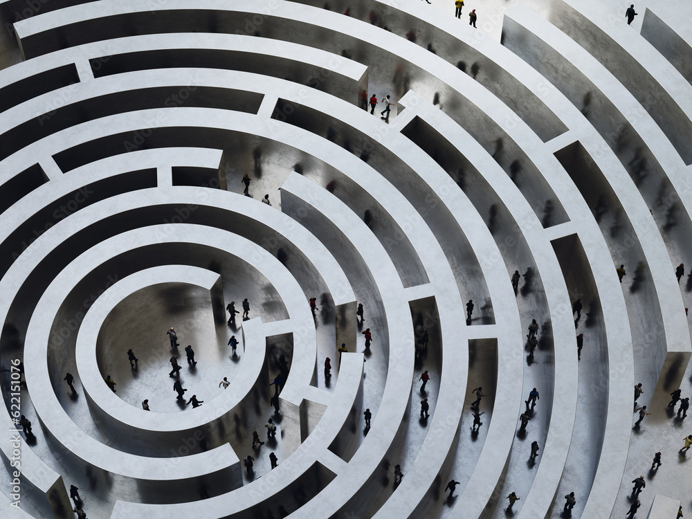 Poster people enter into a complicated labyrinth. 3d rendering