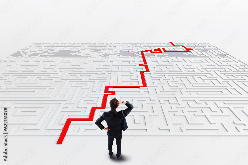 Poster businessman in front of a maze with solution . 3d rendering