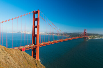 View at Golden Gate Bridge which spans Golden Gate strait at San Francisco Bay. California, USA - obrazy, fototapety, plakaty