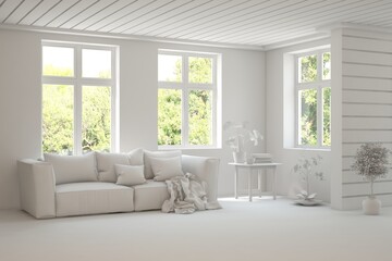 Naklejka na ściany i meble Bright interior design with modern furniture and summer landscape in window. 3D illustration