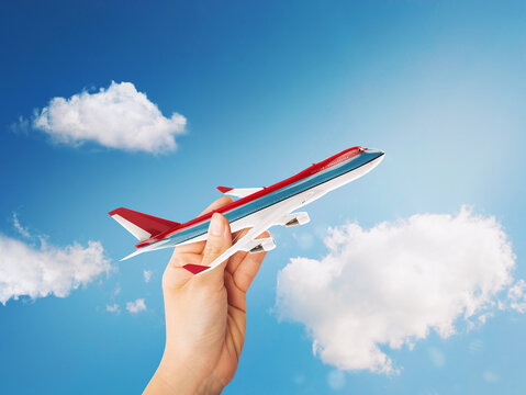 Toy airliner in flight on a sunny day  . 3D Rendering