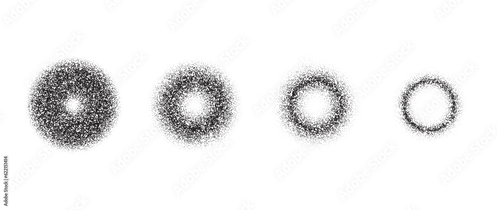 Poster Set of textured gradient circles. Black dotted rings collections. Stippled round elements pack. Fading noise grain dotwork shapes. Halftone effect illustrations bundle. Vector 