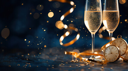 Sparkling Celebrations Festive Happy New Year with Christmas and New Year Holidays Background, Champagne Glass, Golden Ribbon, Christmas Ball on Blue. created with Generative AI