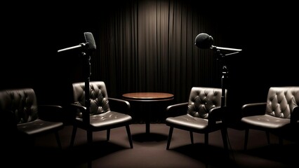 Fototapeta na wymiar chairs and microphones in podcast or interview room on dark background