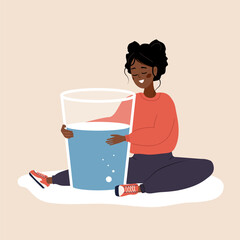 Water balance. Thirsty african woman hugs large glass of pure water. Morning routine. Useful habit, diet and healthy lifestyle. Refreshment concept. Vector illustration in flat cartoon style.