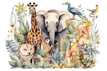 Watercolor jungle and animals. Giraffe, elephant, bird, monkey on white background. Generative ai