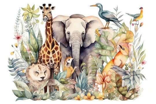 Watercolor jungle and animals. Giraffe, elephant, bird, monkey on white background. Generative ai