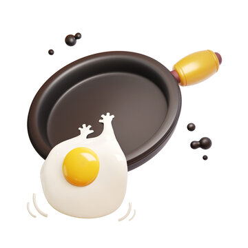 3d Render Illustration of a Black Skillet with Fried Eggs holding a cute skillet on a transparent background. Minimal food icon