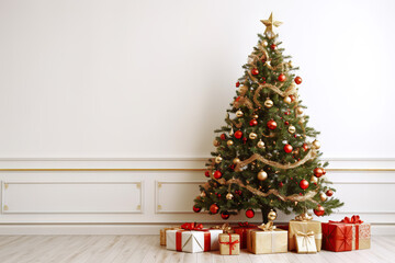 Fototapeta na wymiar Festive Splendor Big Beautiful Christmas Tree with Shiny Baubles and Abundance of Presents on Wooden Floor - White Wall Background with Ample Copy Space. created with Generative AI