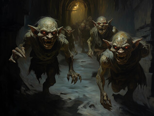 A Painting of a Group of Goblins in a Cavern Generative AI - obrazy, fototapety, plakaty