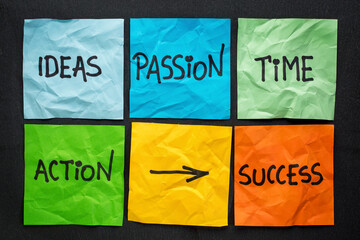 time, ideas, action, passion - success ingredients concept presented with colorful notes against black paper