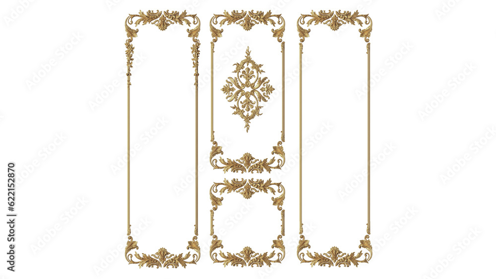 Wall mural golden frame with ornament, vintage luxury decoration frames set