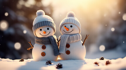 Obraz premium Winter Delights Holiday Christmas Background Banner - Closeup of Cute Funny Laughing Snowman with Wool Hat and Scarf, on Snowy Snowscape with Bokeh Lights, created with Generative AI