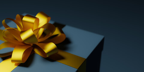 Dark blue colored gift box tied with golden ribbon, 3d rendering