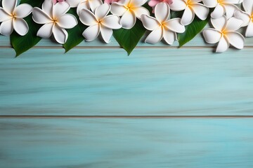 Tropical Vibes: Plumeria Flowers on Blue Wood Background - Social Media Template with Empty Space