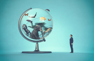 Man concerned by a globe with animals on blue background. This is a 3d render illustration