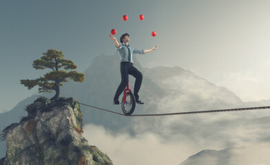 Juggler is balancing on rope with a bike between two mountains. This is a 3d render illustration